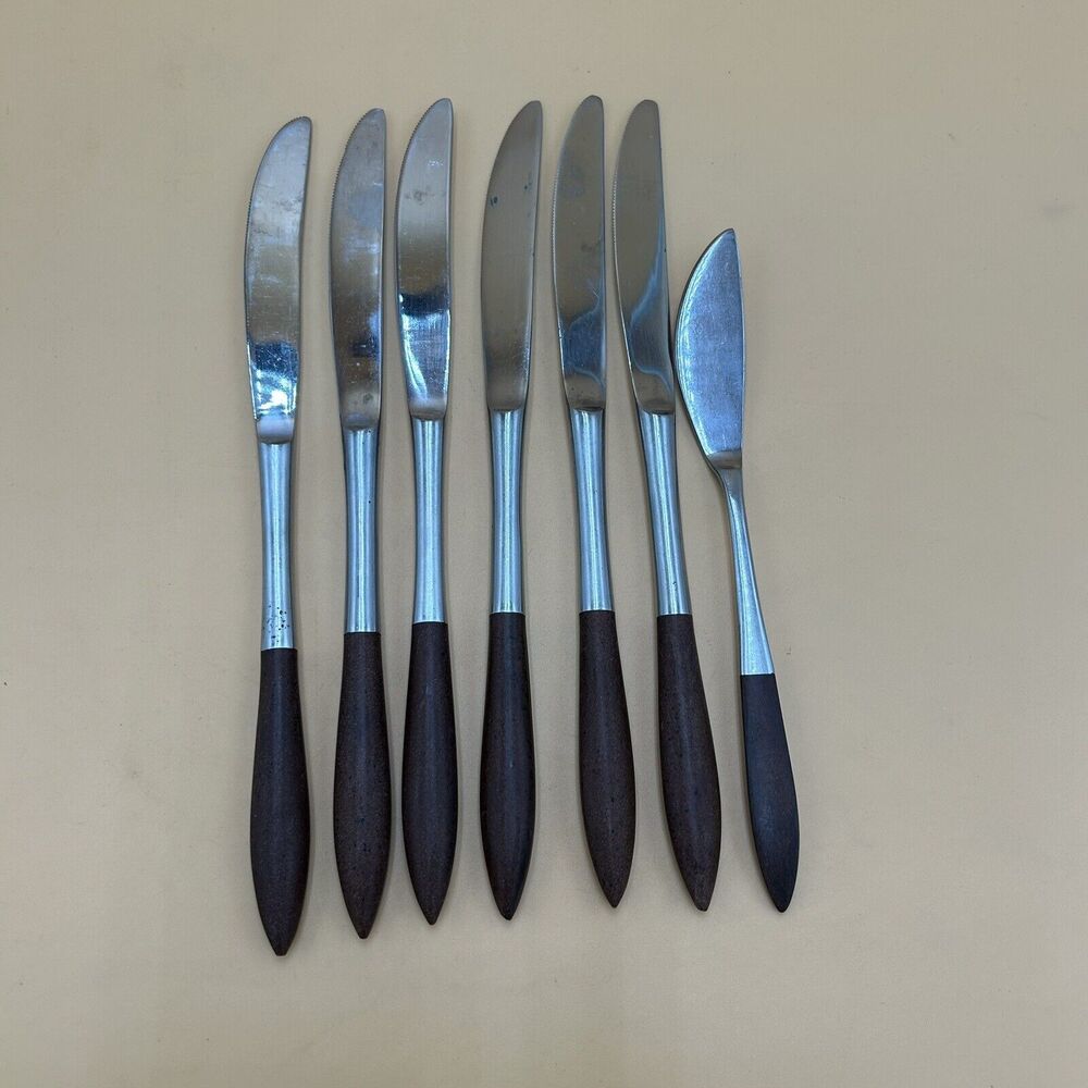 7 VTG Epic MCM Flatware Wood Handle Stainless Steel Dinner Knives Silverware